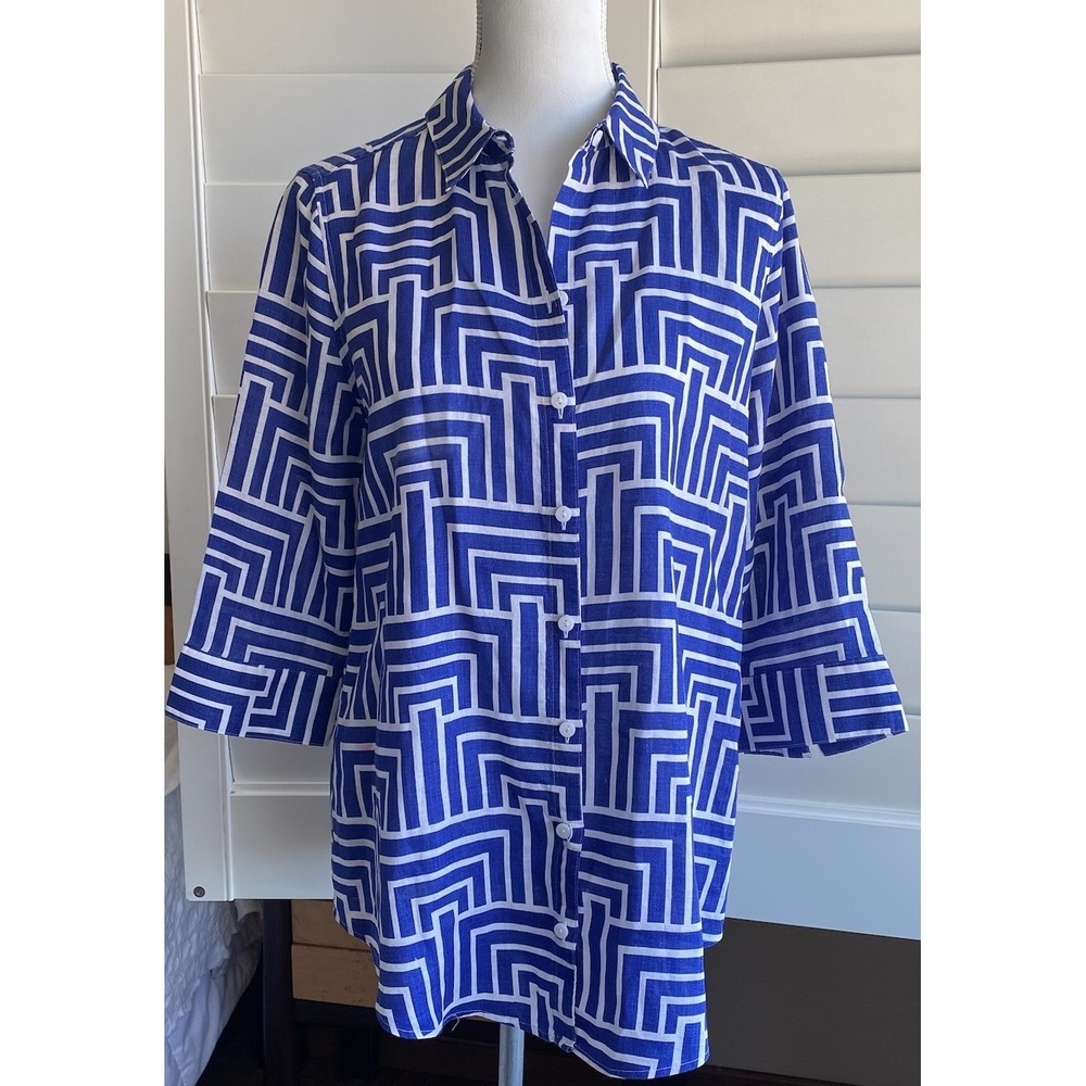 Chico's 100% Linen Blue White Geometric Button Back Tunic Top Sz S No Iron EUC